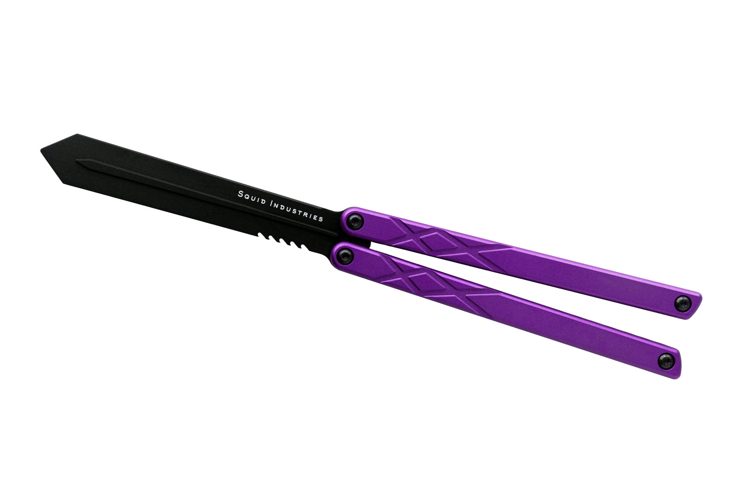 black blade purple handle black hardware swordfish balisong butterfly knife trainer