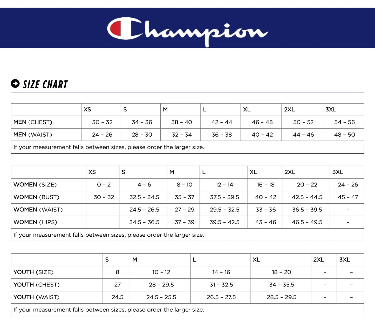 Champion Size Chart