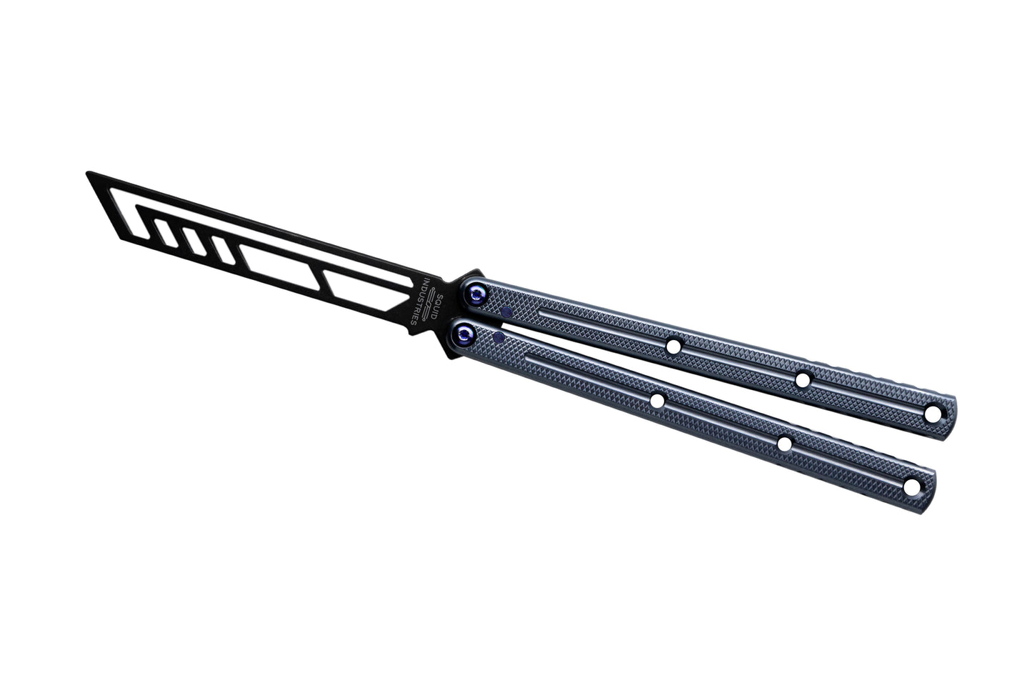 inked gunmetal titanium blue krake raken v3 balisong butterfly knife trainer