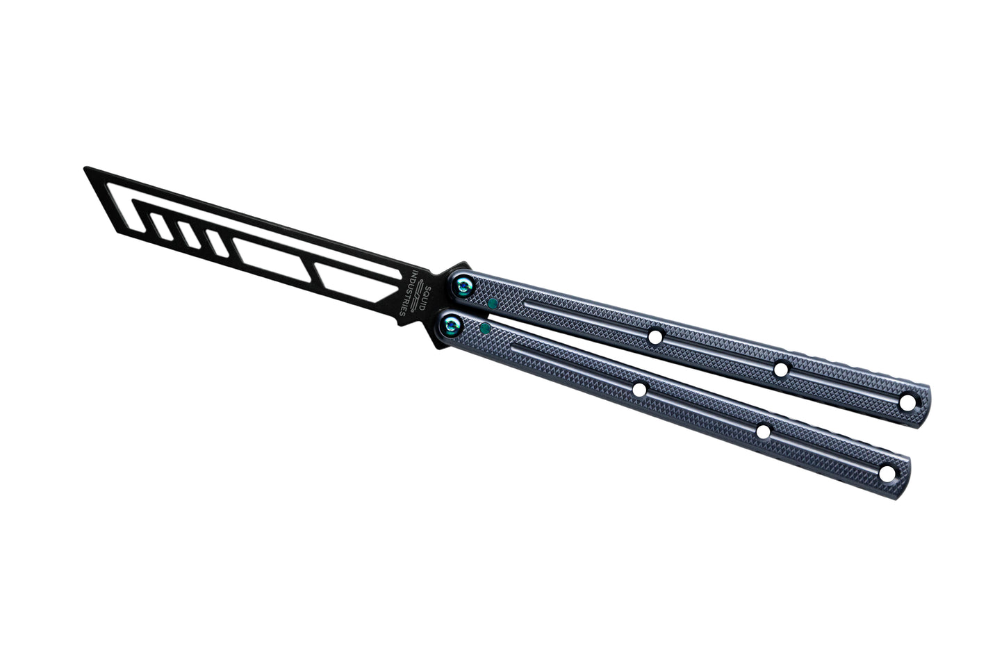 inked gunmetal titanium teal krake raken v3 balisong butterfly knife trainer