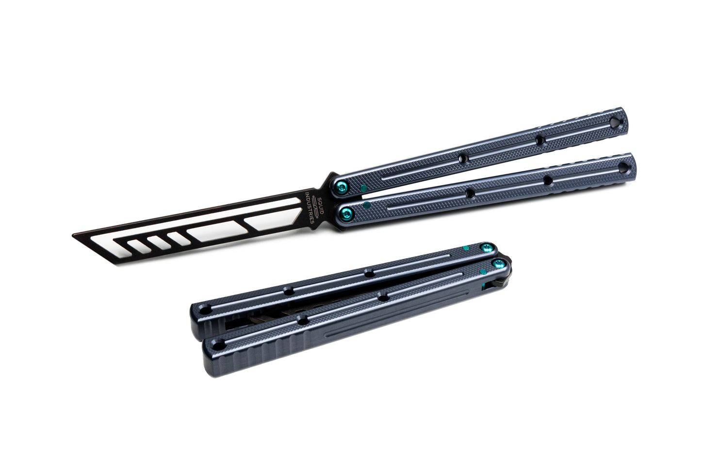 inked gunmetal titanium teal krake raken v3 balisong butterfly knife trainer