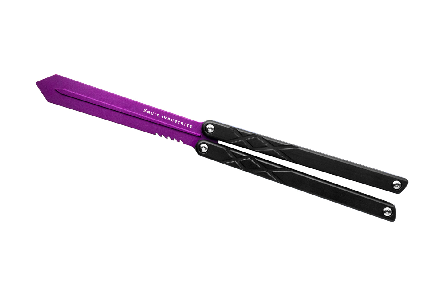 purple blade black handles silver hardware swordfish balisosng butterfly knife trainer fidget toy