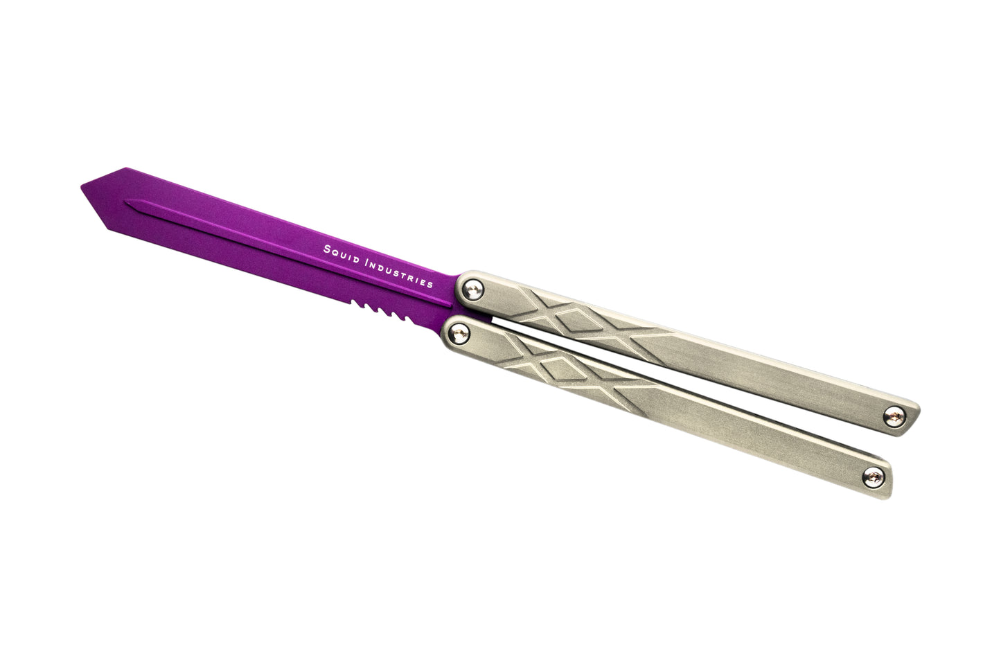 purple blade silver handles silver hardware swordfish balisosng butterfly knife trainer fidget toy