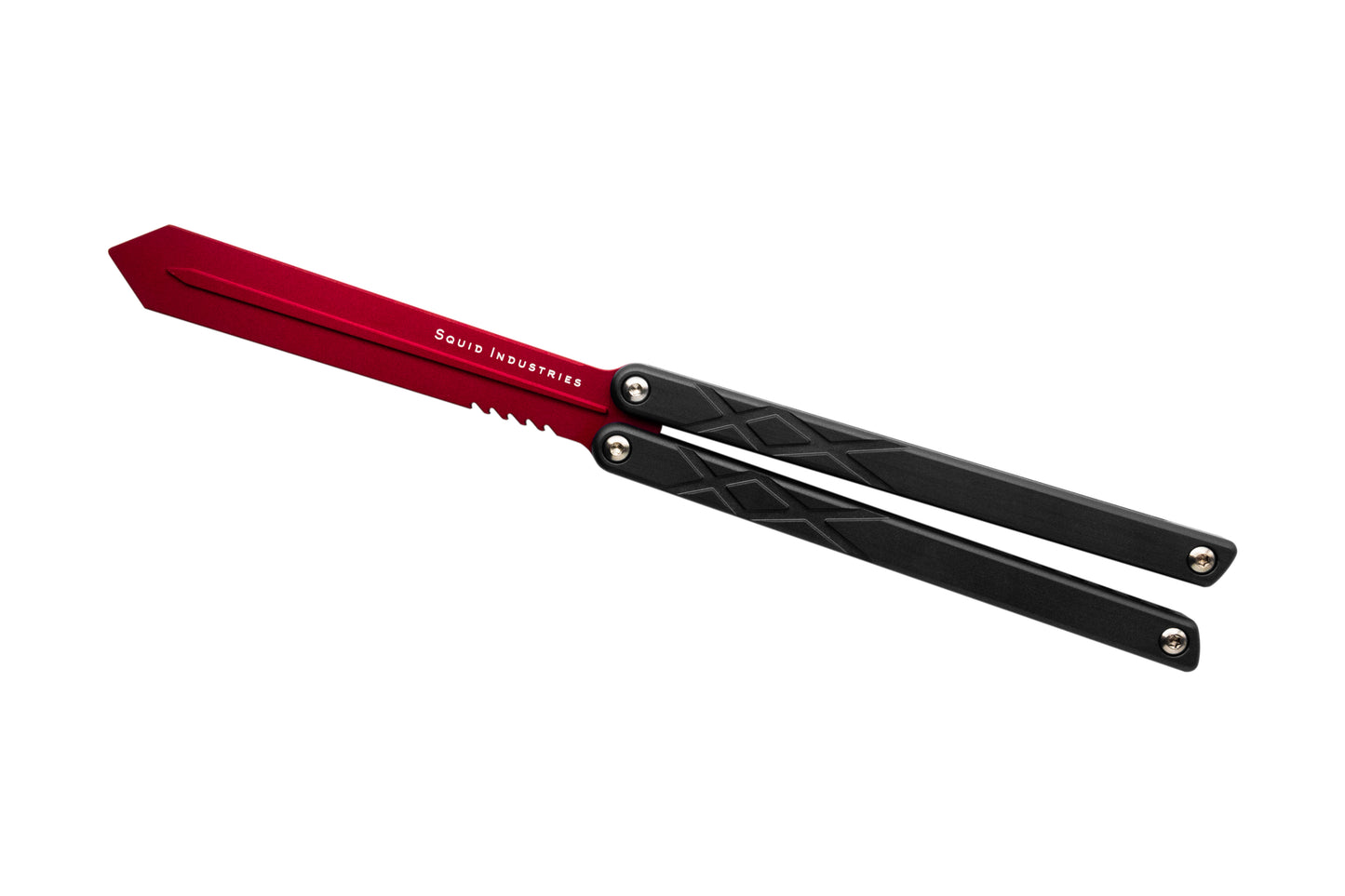 red blade black handles silver hardware swordfish balisosng butterfly knife trainer fidget toy