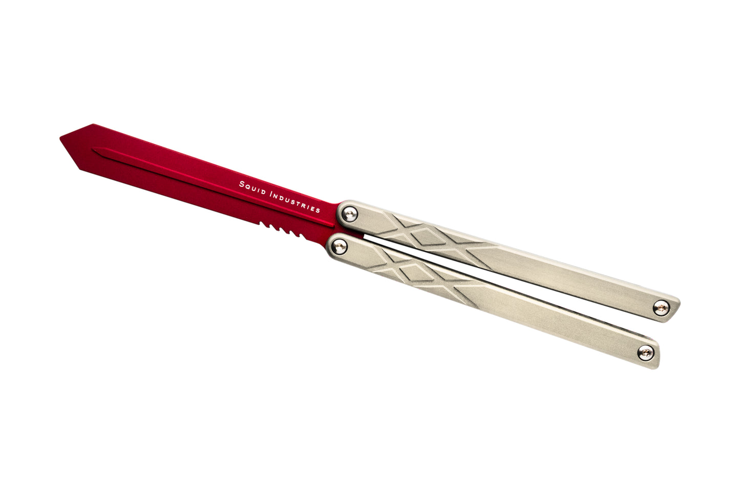 red blade silver handles silver hardware swordfish balisosng butterfly knife trainer fidget toy