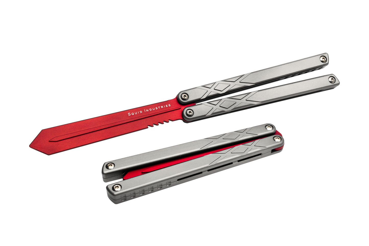 red blade silver handles silver hardware swordfish balisosng butterfly knife trainer fidget toy