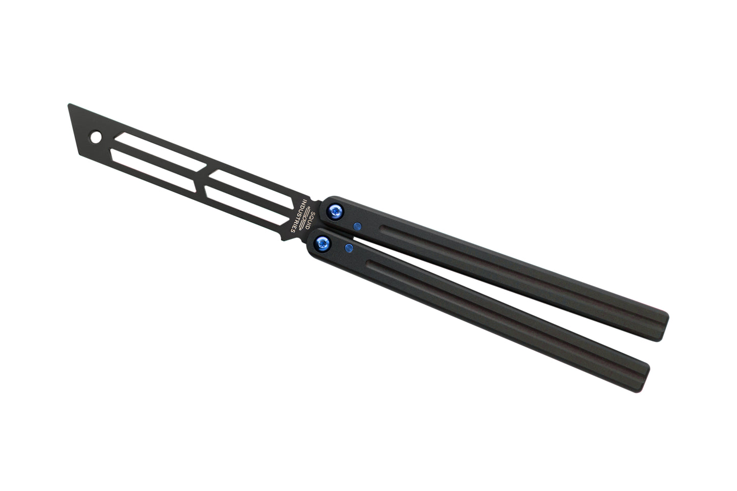 blue titanium inked black triton balisong butterfly knife trainer