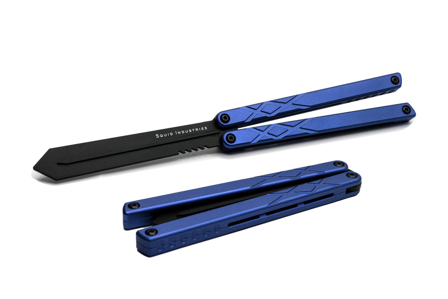 black blade blue handle black hardware swordfish balisong butterfly knife trainer