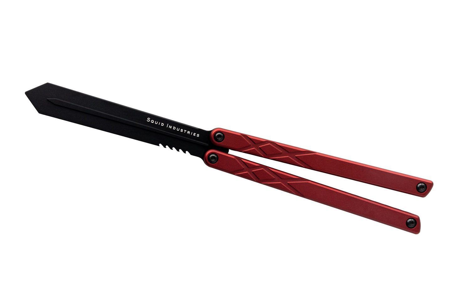 black blade red handle black hardware swordfish balisong butterfly knife trainer