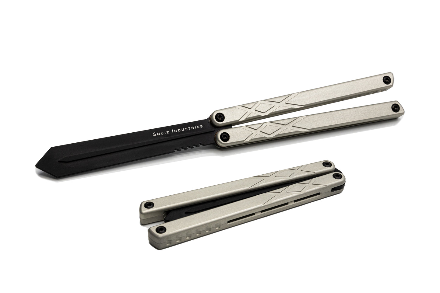 black blade silver handle black hardware swordfish balisong butterfly knife trainer