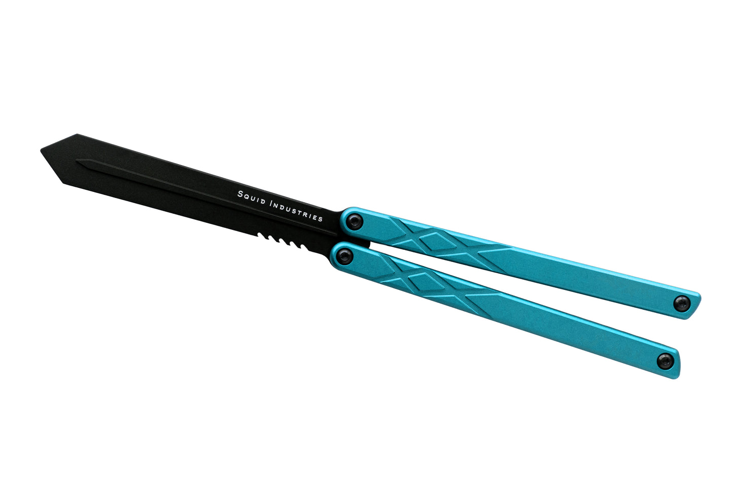 black blade teal handle black hardware swordfish balisong butterfly knife trainer