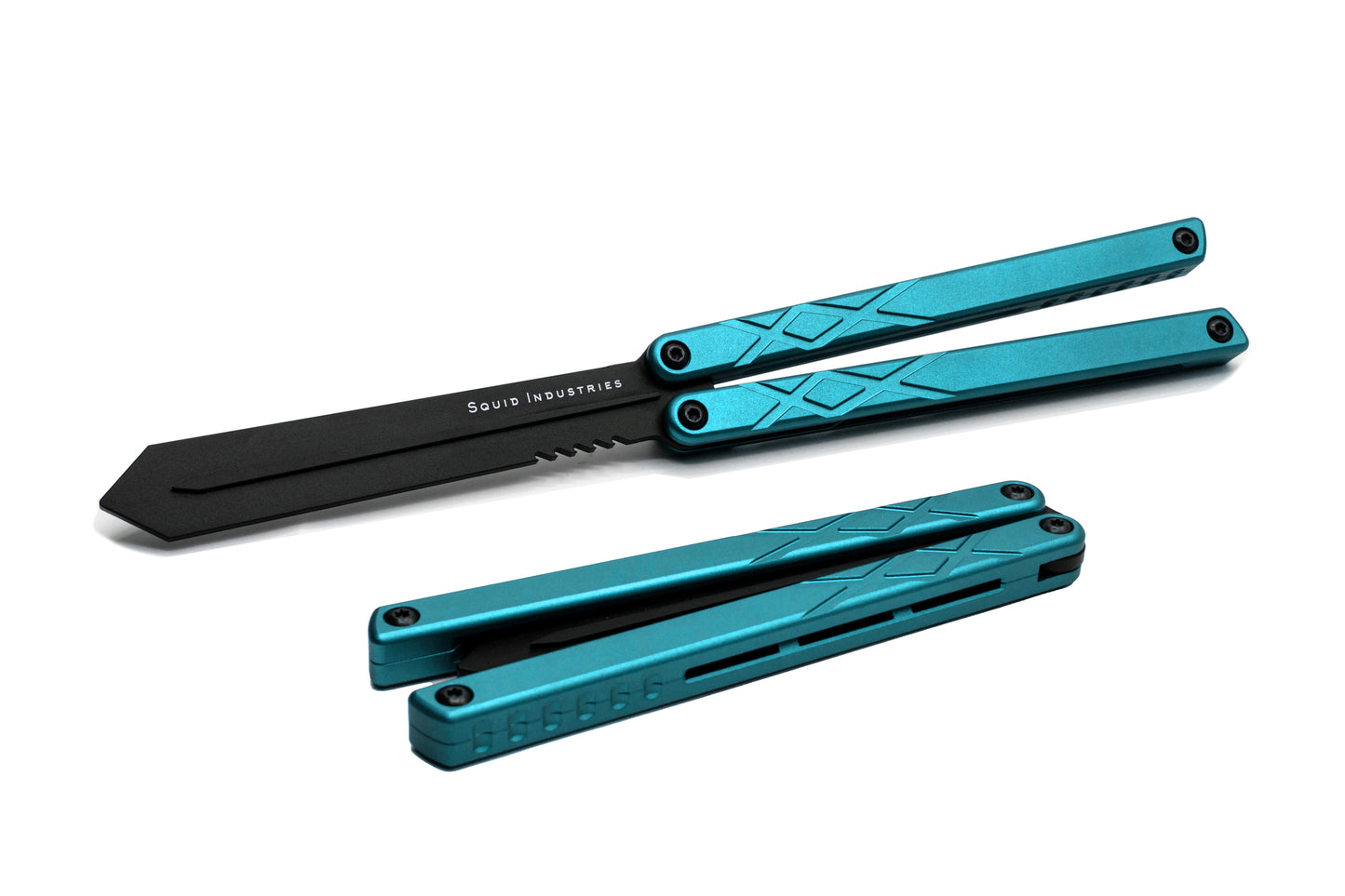 black blade teal handle black hardware swordfish balisong butterfly knife trainer