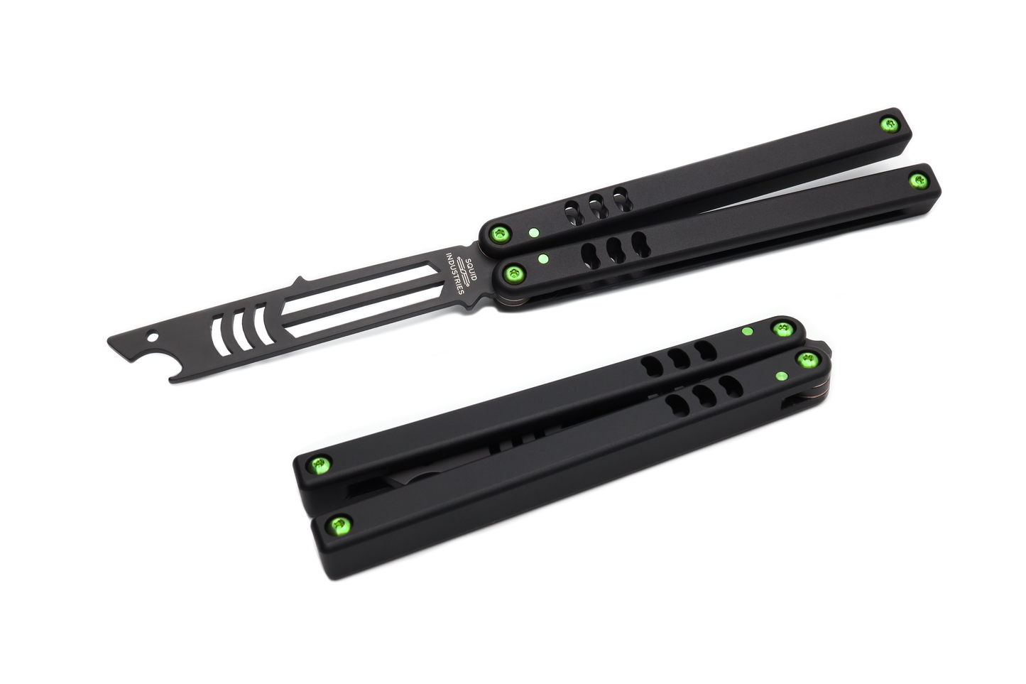 titanium green inked black balisong butterfly knife trainer bottle open mako