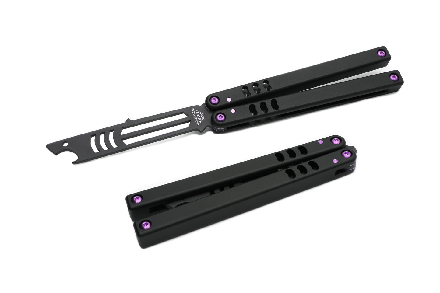 titanium magenta inked black balisong butterfly knife trainer bottle open mako