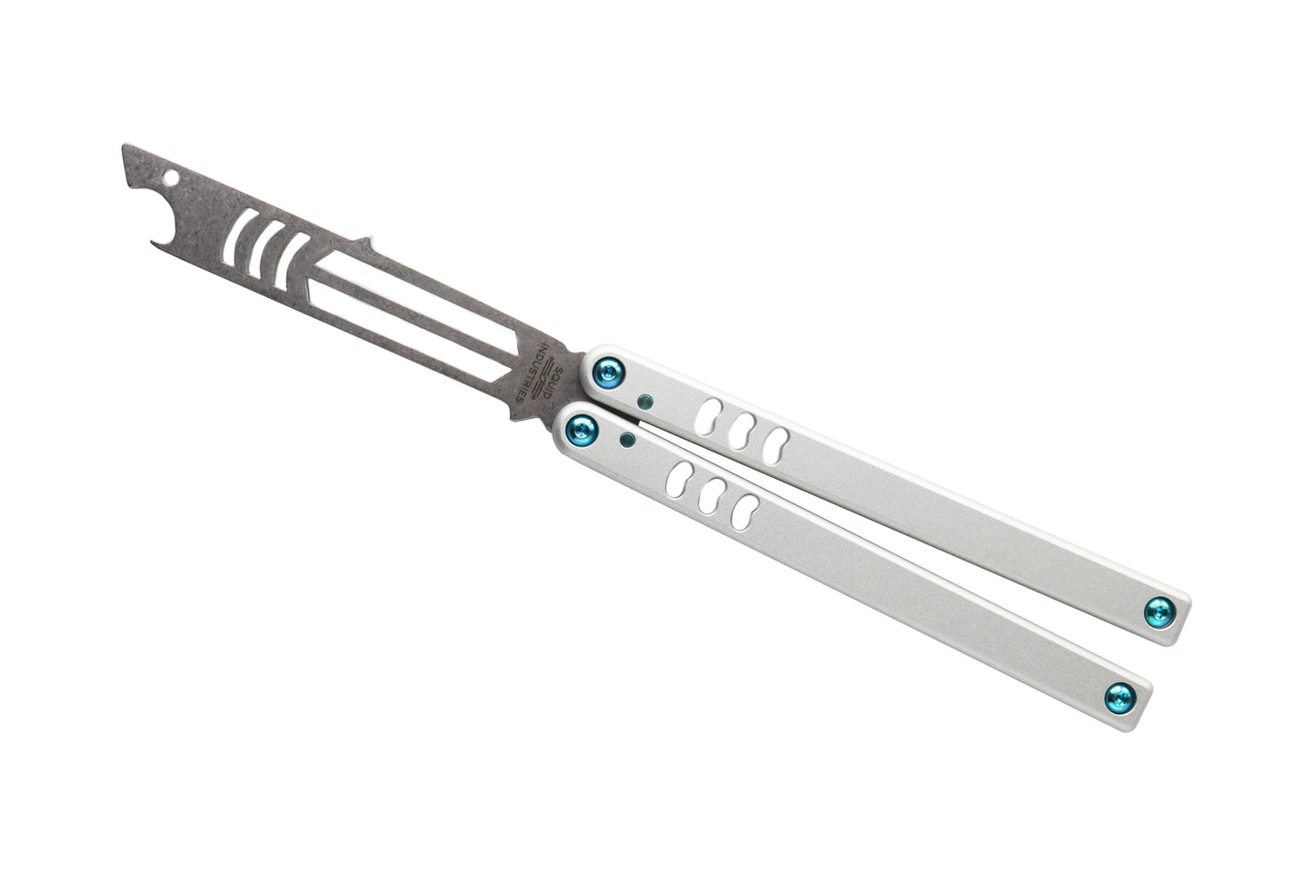 titanium teal silver balisong butterfly knife trainer bottle open mako