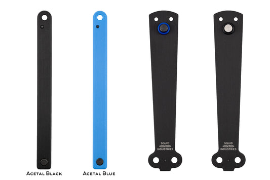 black and blue handle with black blade on white background