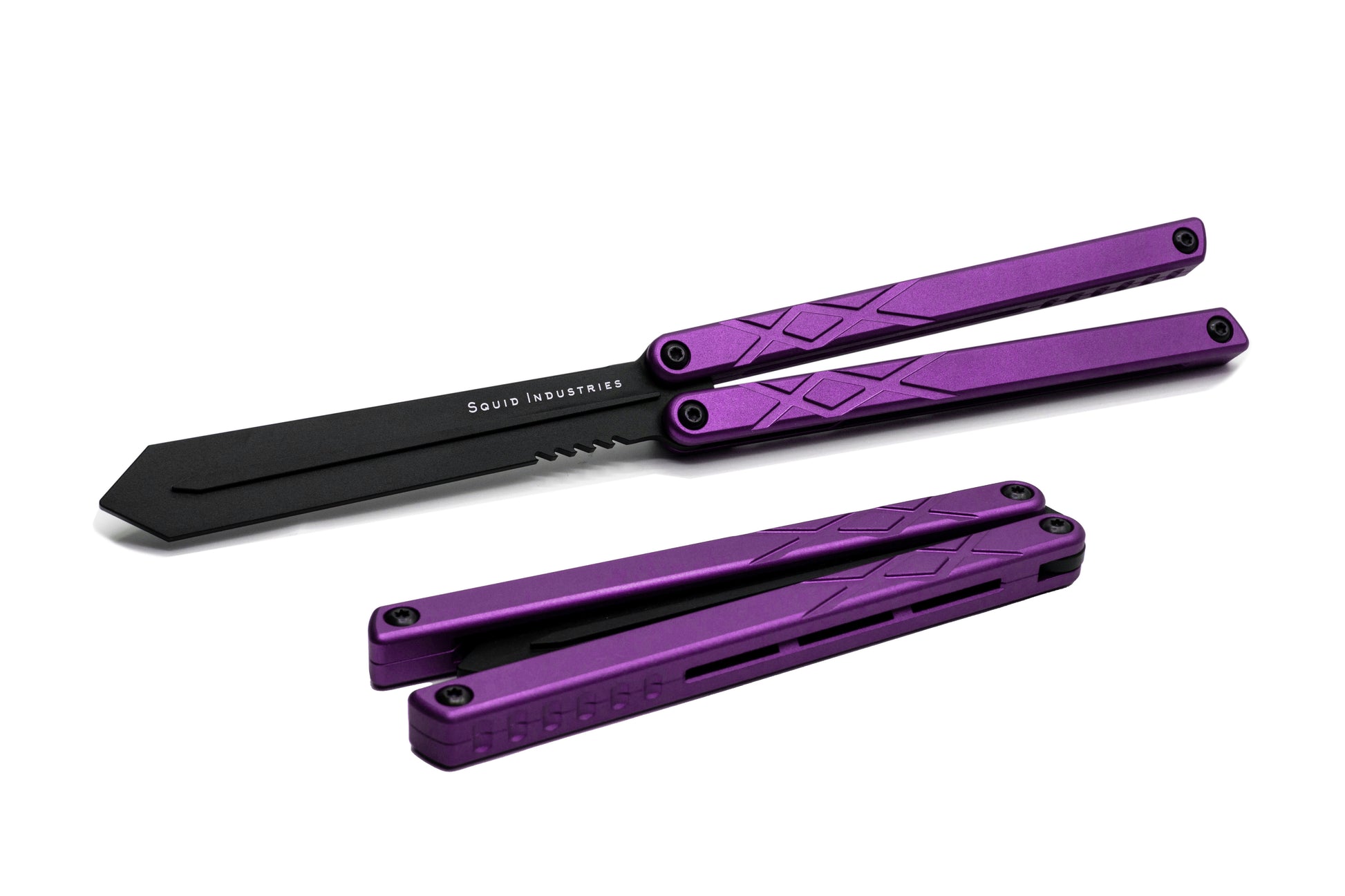 black blade purple handle black hardware swordfish balisong butterfly knife trainer