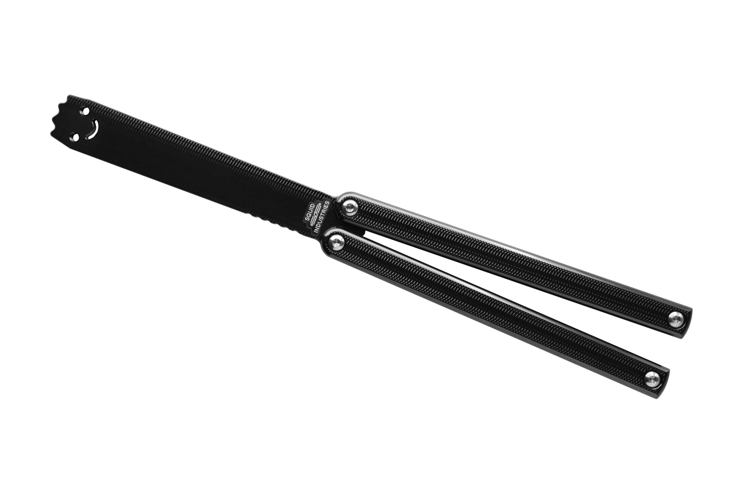 Black Squiddy-AL Balisong Butterfly Knife Trainer with Silver Hardware