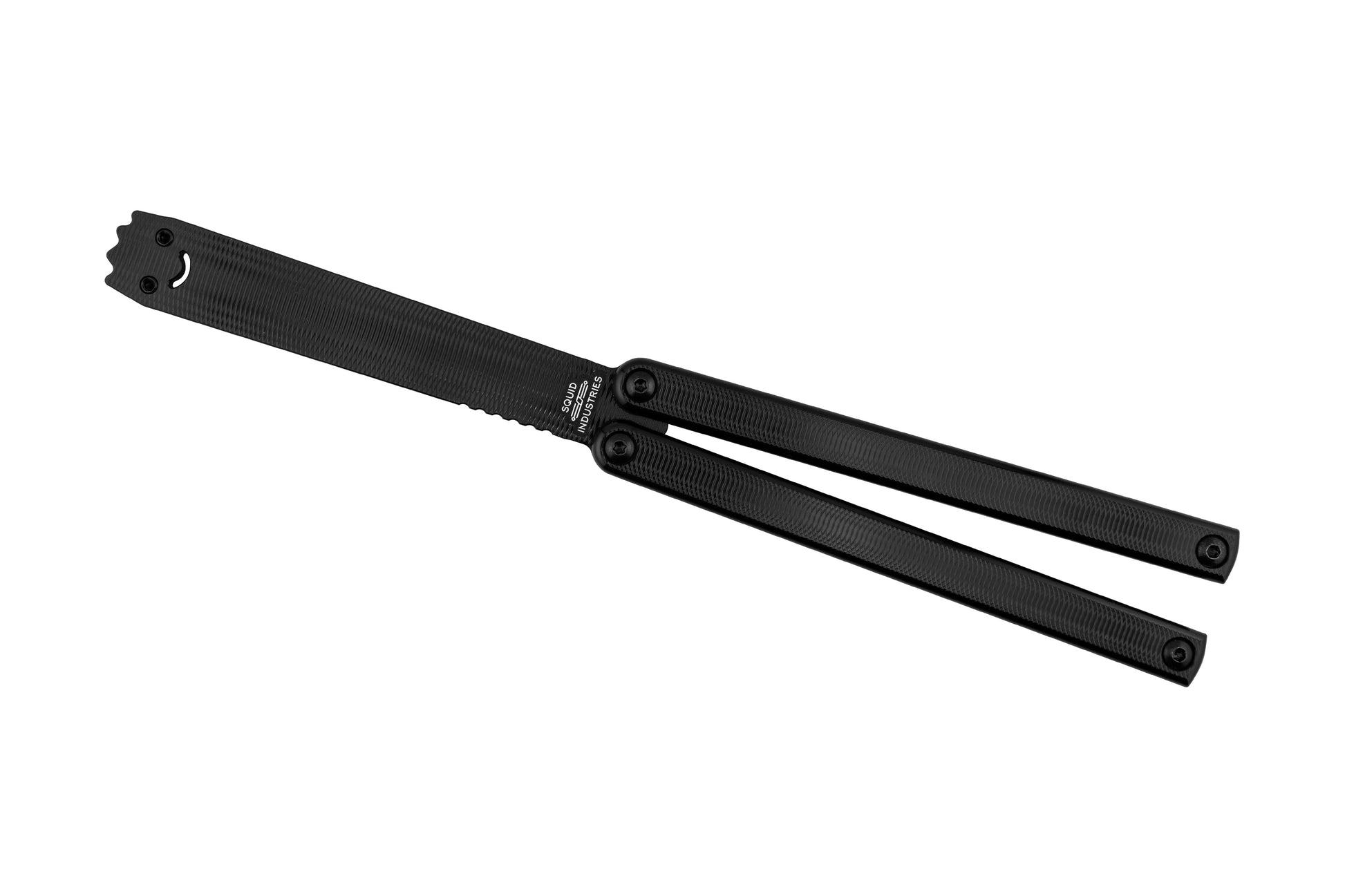 Black Squiddy-AL Balisong Butterfly Knife Trainer with Black Hardware
