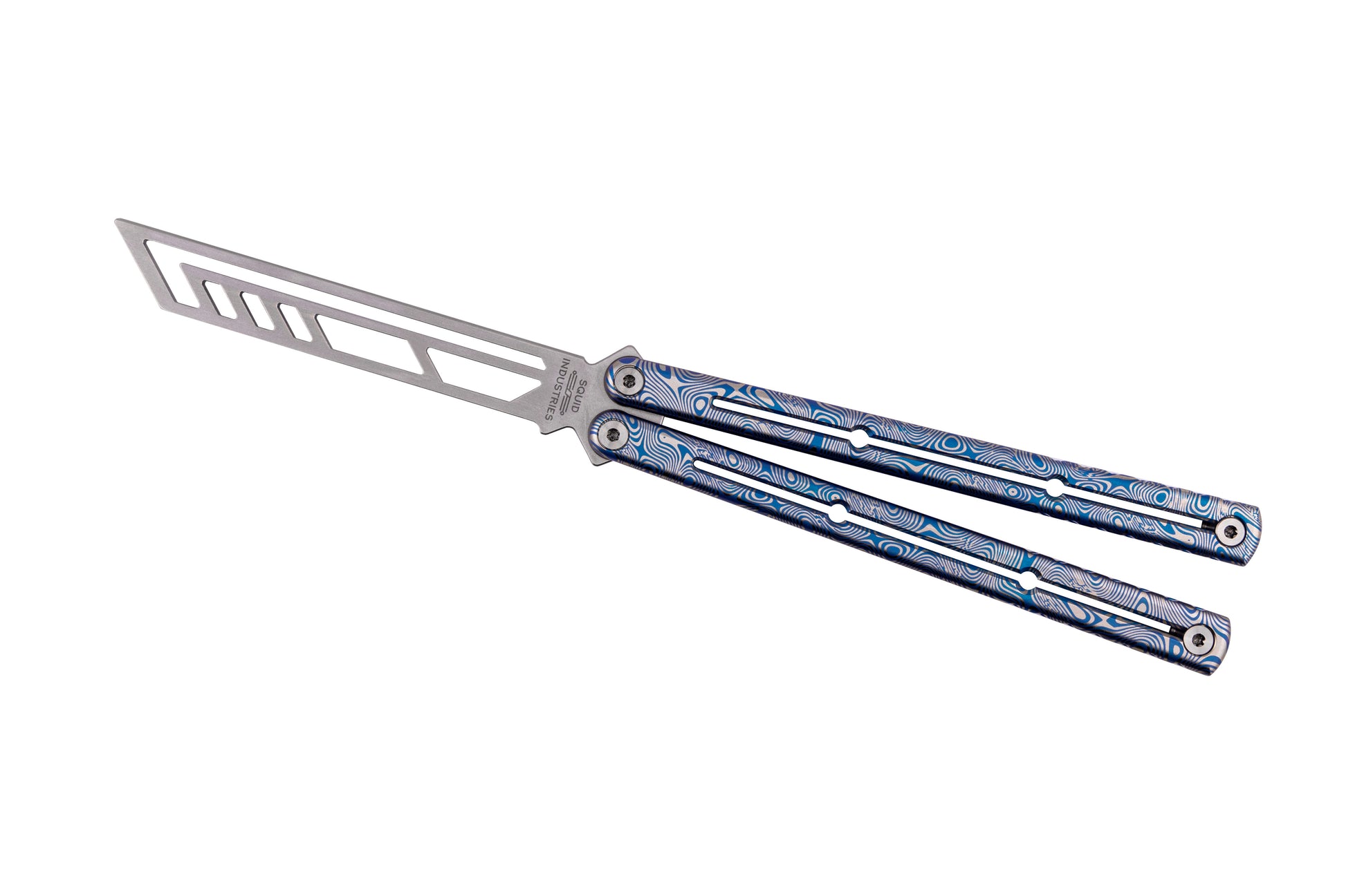 Blue Engraved Dmascus Titanium krake Raken In Open Position