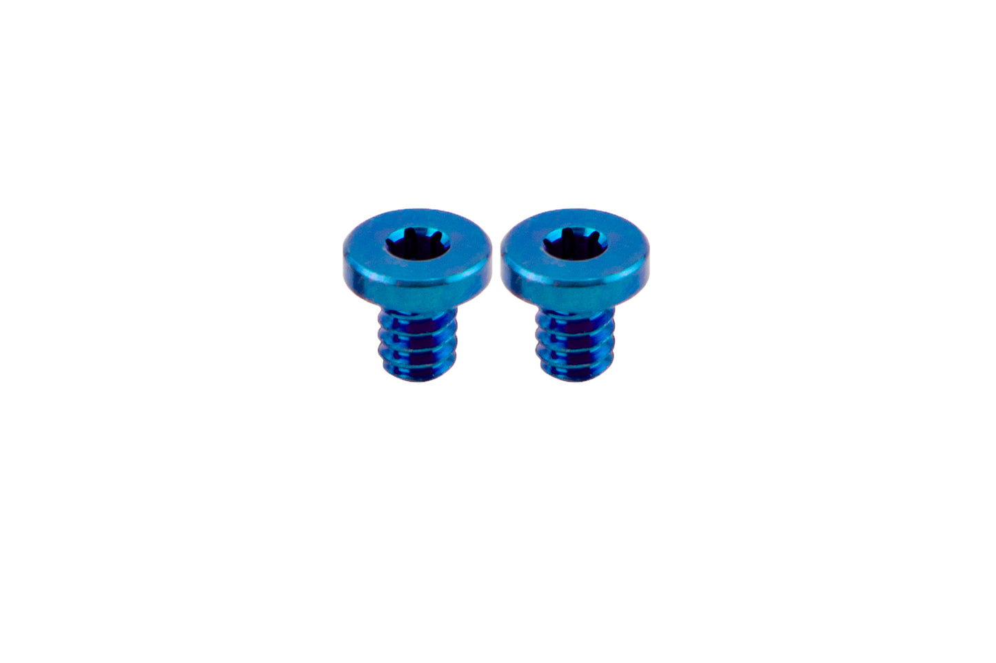 2 Blue Flat Head Titanium Screws side by side on white background