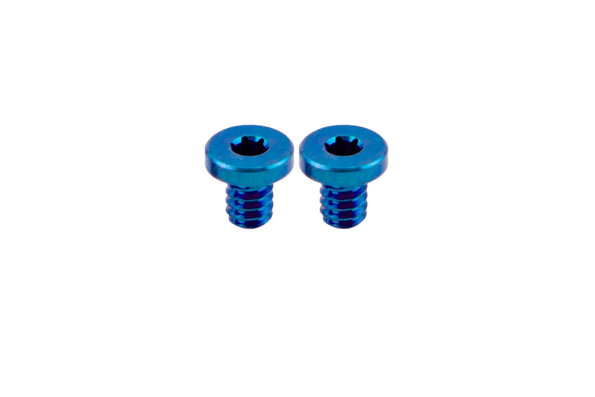 2 Blue Flat Head Titanium Screws side by side on white background