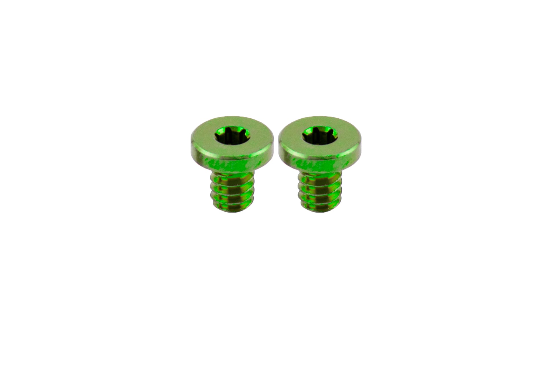 2 Green Flat Head Titanium Screws side by side on white background