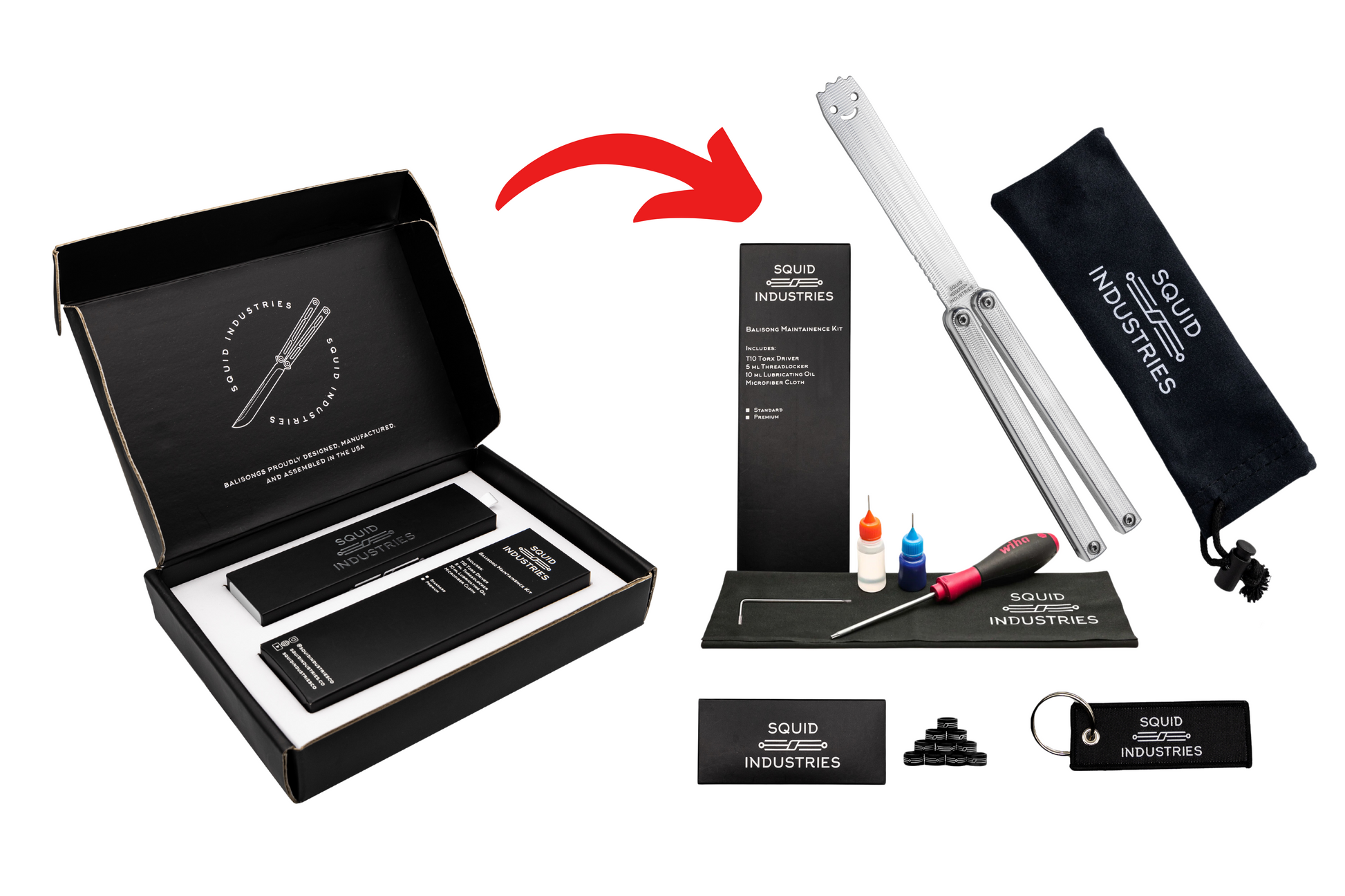 Squid Industries Beginner Holiday Bundle Box includes Squiddy-Al balisong trainer, Squid Industries Maintenance Kit, Flight Tag, Bit Handle Indicators, Microfiber pouch, and extra hardware