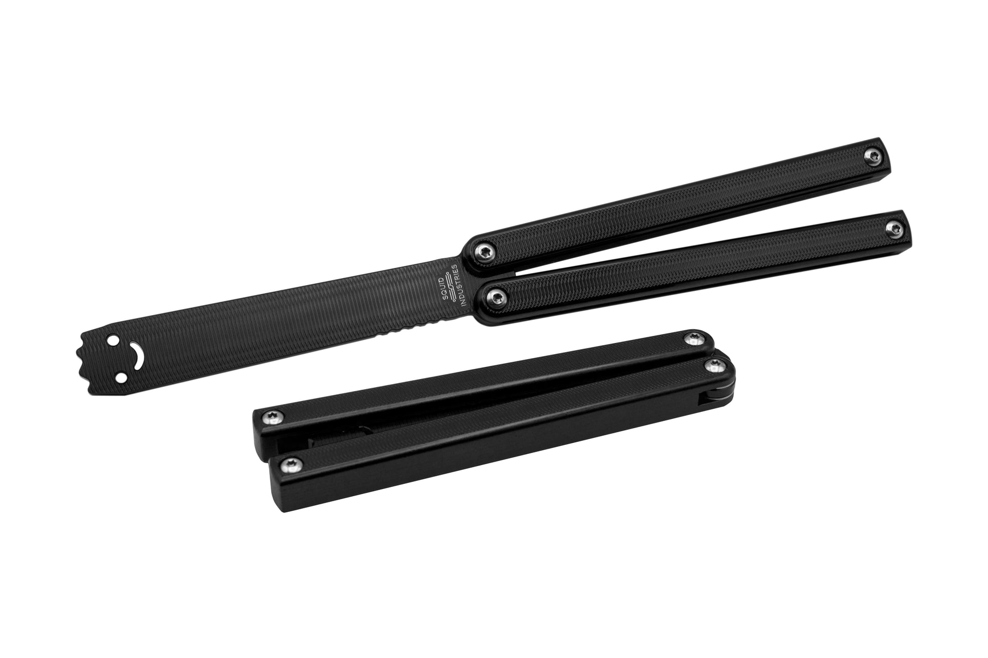 open and closed view of anodized black squiddy-al aluminum balisong butteryfly knife trainer