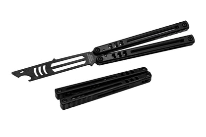 open and closed view of dlc coated madko all black bottle opener balisong butterfly knife trainer titanium