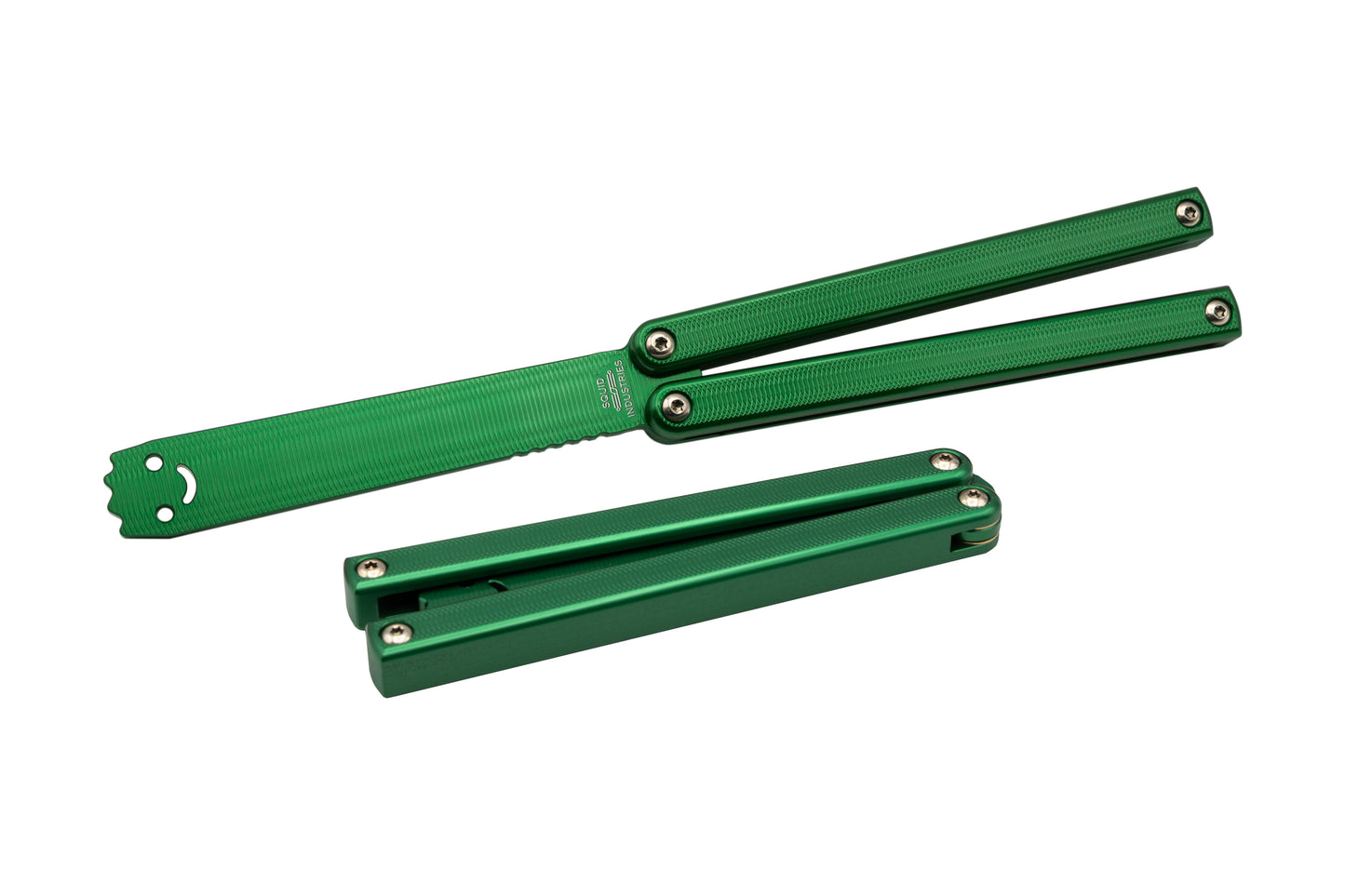 green squiddy-al balisong butterfly knife trainer open and closed 