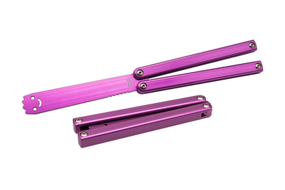 Magenta squiddy-al balisong butterfly knife trainer open and closed