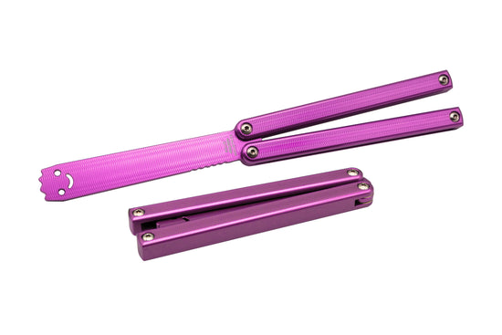 Magenta squiddy-al balisong butterfly knife trainer open and closed