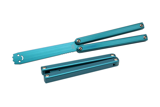 teal squiddy-al aluminum balisong butterfly knife trainer open and closed