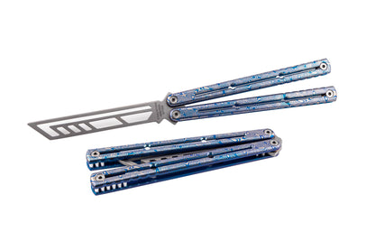 Blue Engraved Dmascus Titanium krake Raken side by side comparison