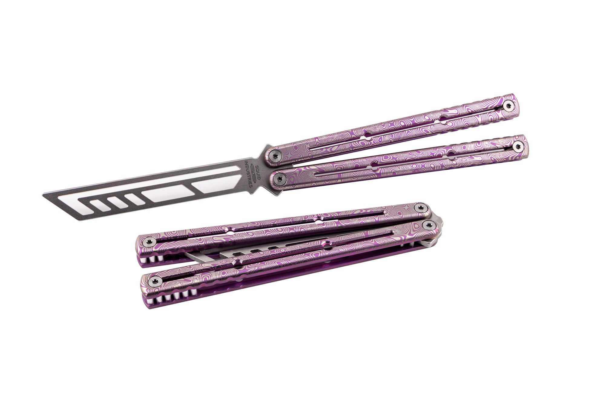 Magenta Engraved Dmascus Titanium krake Raken side by side comparison
