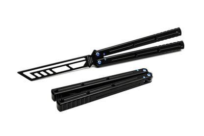 inked black titanium blue krake raken v3 balisong butterfly knife trainer