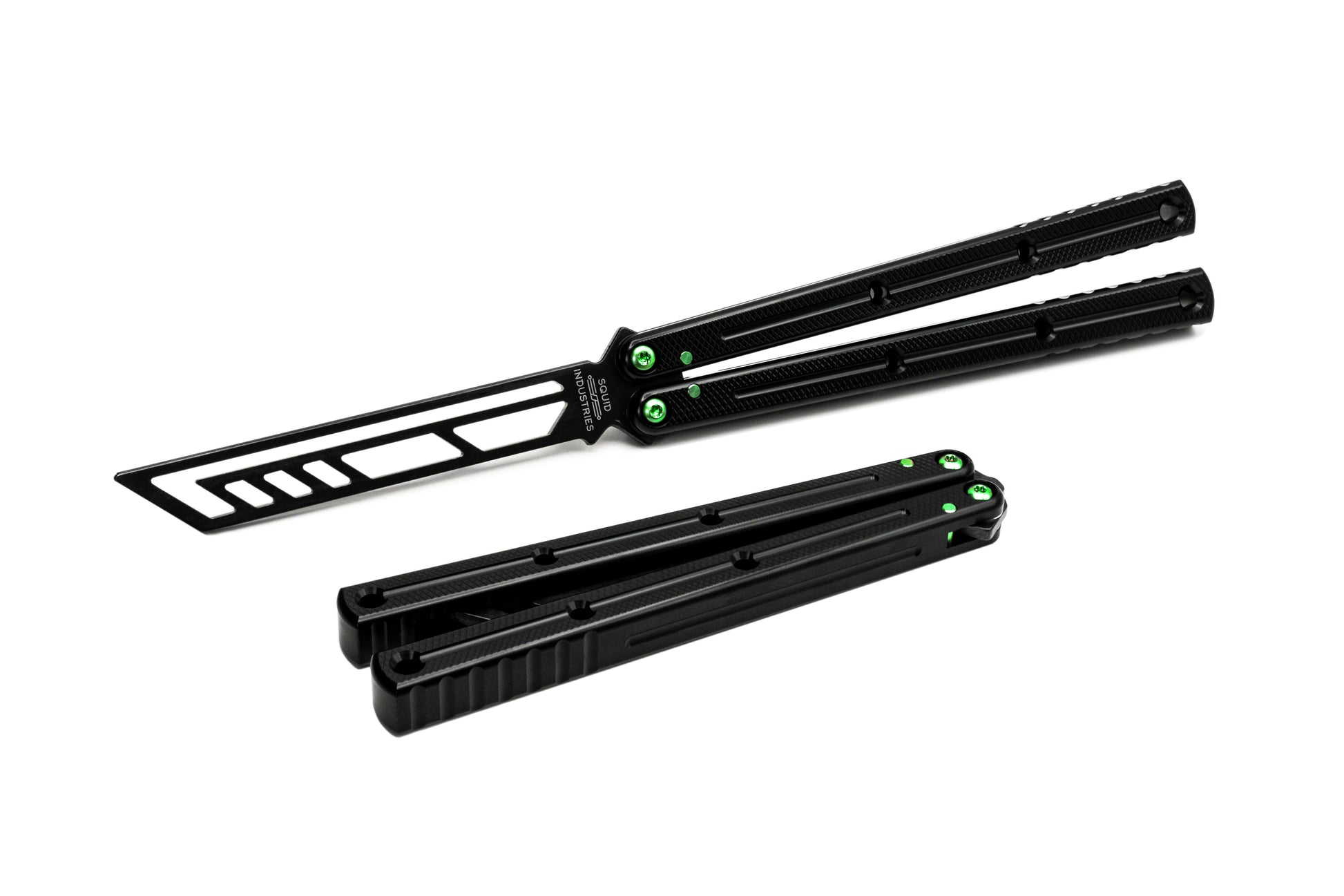 inked black titanium green krake raken v3 balisong butterfly knife trainer