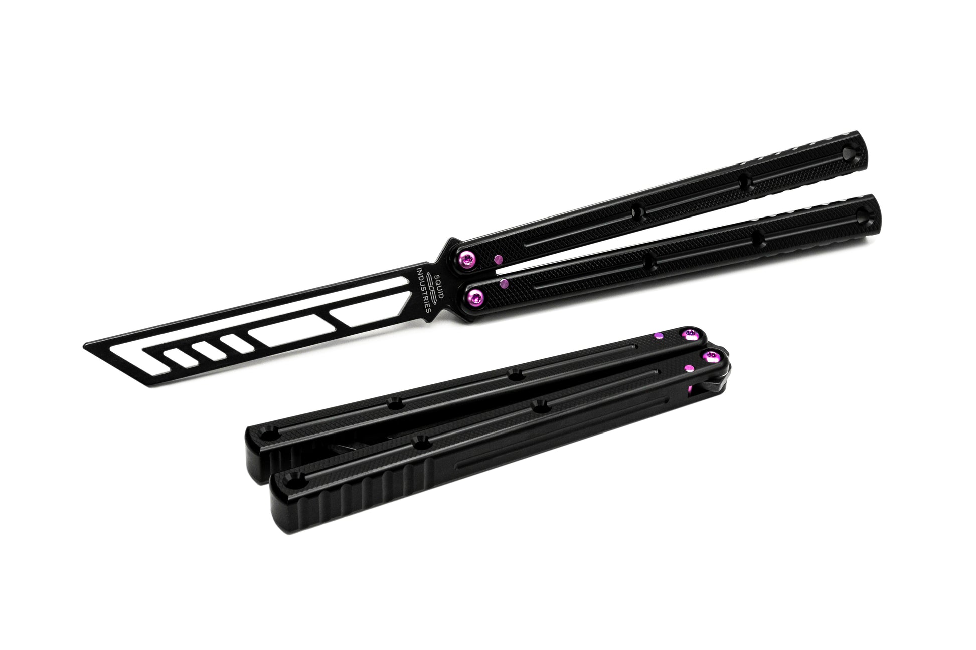 inked black titanium magenta krake raken v3 balisong butterfly knife trainer