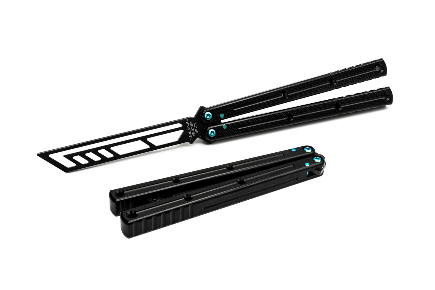 inked black titanium teal krake raken v3 balisong butterfly knife trainer