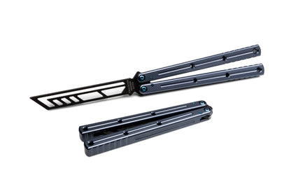 inked black titanium gunmetal blue krake raken v3 balisong butterfly knife trainer