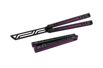 inked purple carbon fiber nautilus vs balisong butterfly knife trainer g10 scales open and closed