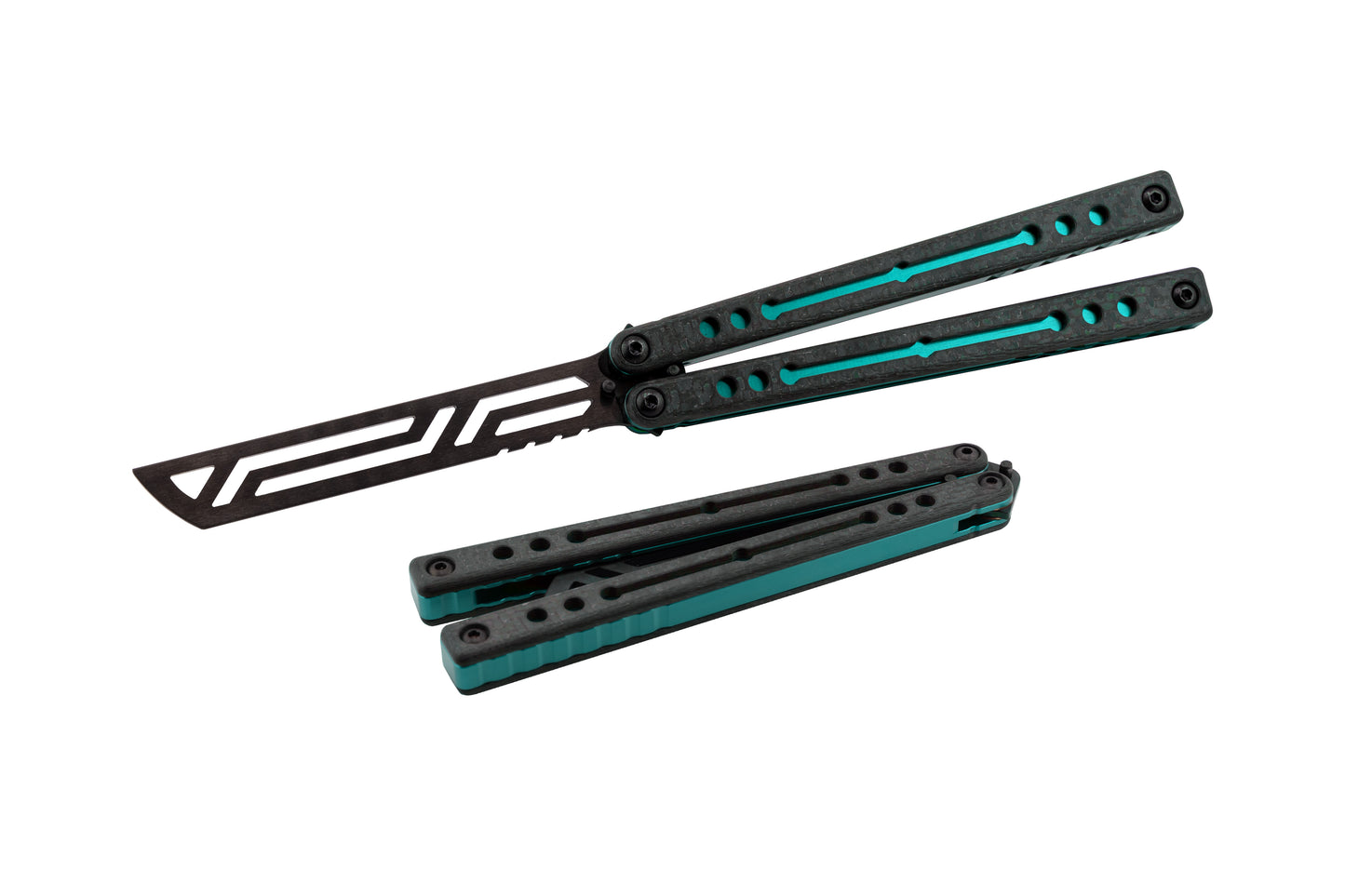 inked teal carbon fiber nautilus vs balisong butterfly knife trainer g10 scales open and closed