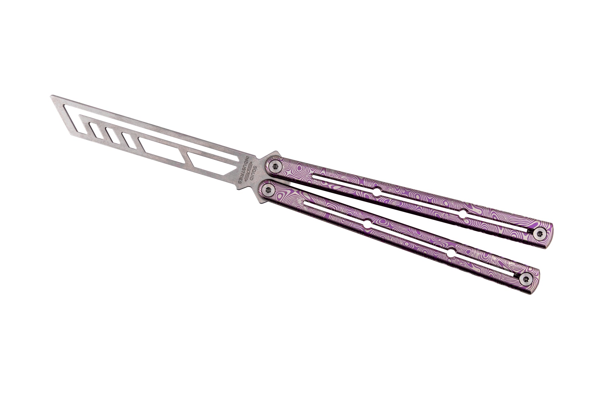 Magenta Engraved Dmascus Titanium krake Raken In Open Position