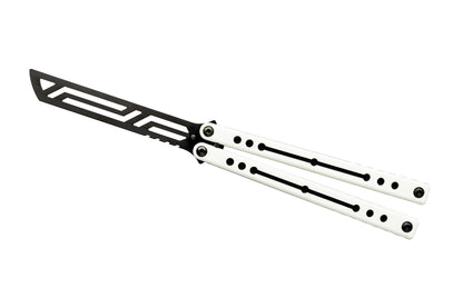 Winter white scales matte on matte inked black nautilus balisong butterfly knife trainer