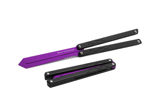 purple blade black handles silver hardware swordfish balisosng butterfly knife trainer fidget toy