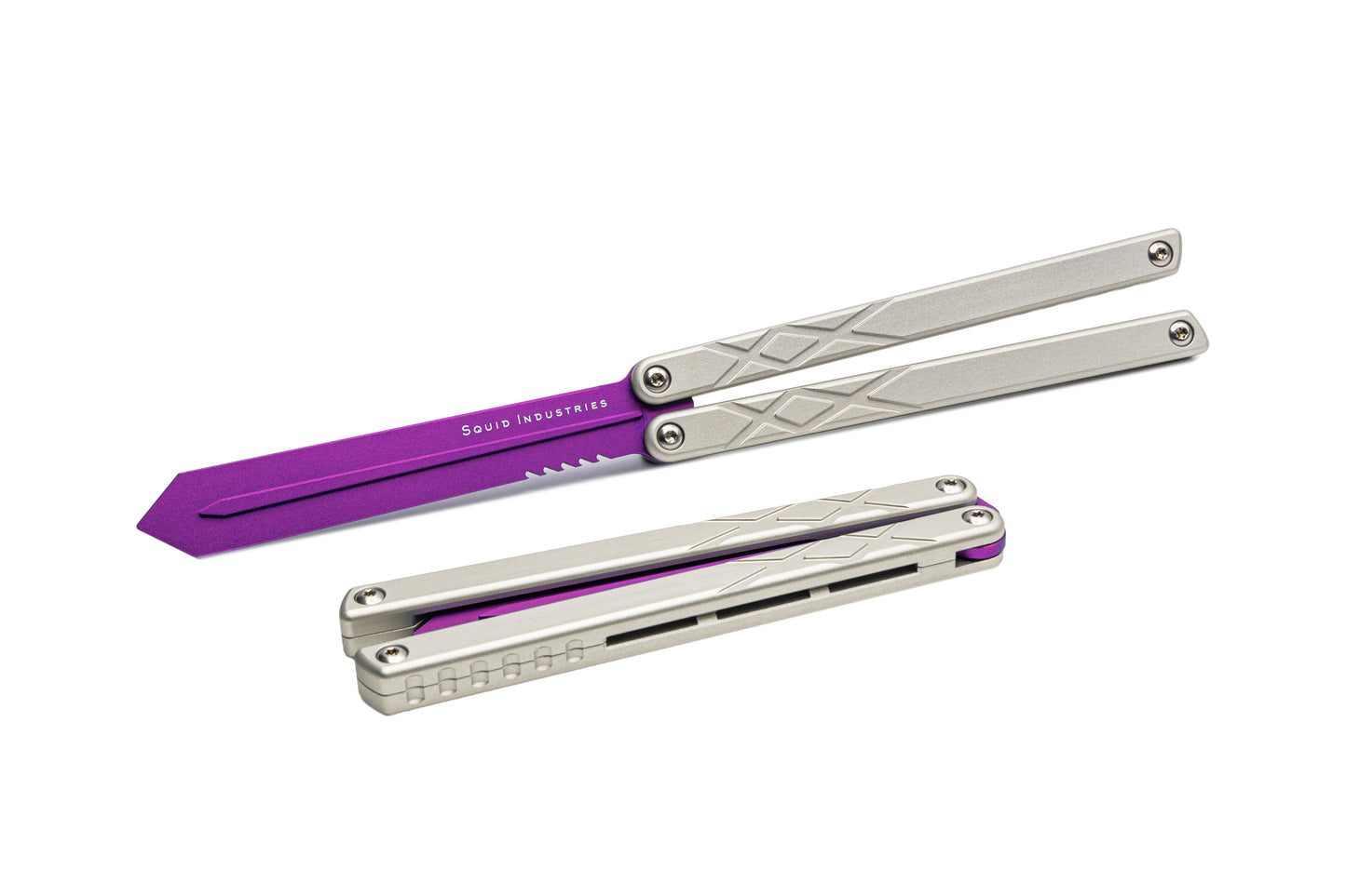 purple blade silver handles silver hardware swordfish balisosng butterfly knife trainer fidget toy
