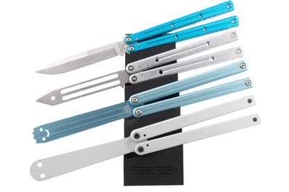 Set of folding knives on quad balisong stand on a white background