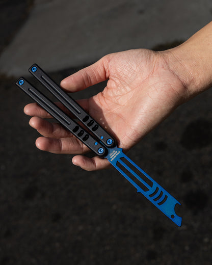 Sapphire Mako V5 Blue and Black in Open Position held by a hand