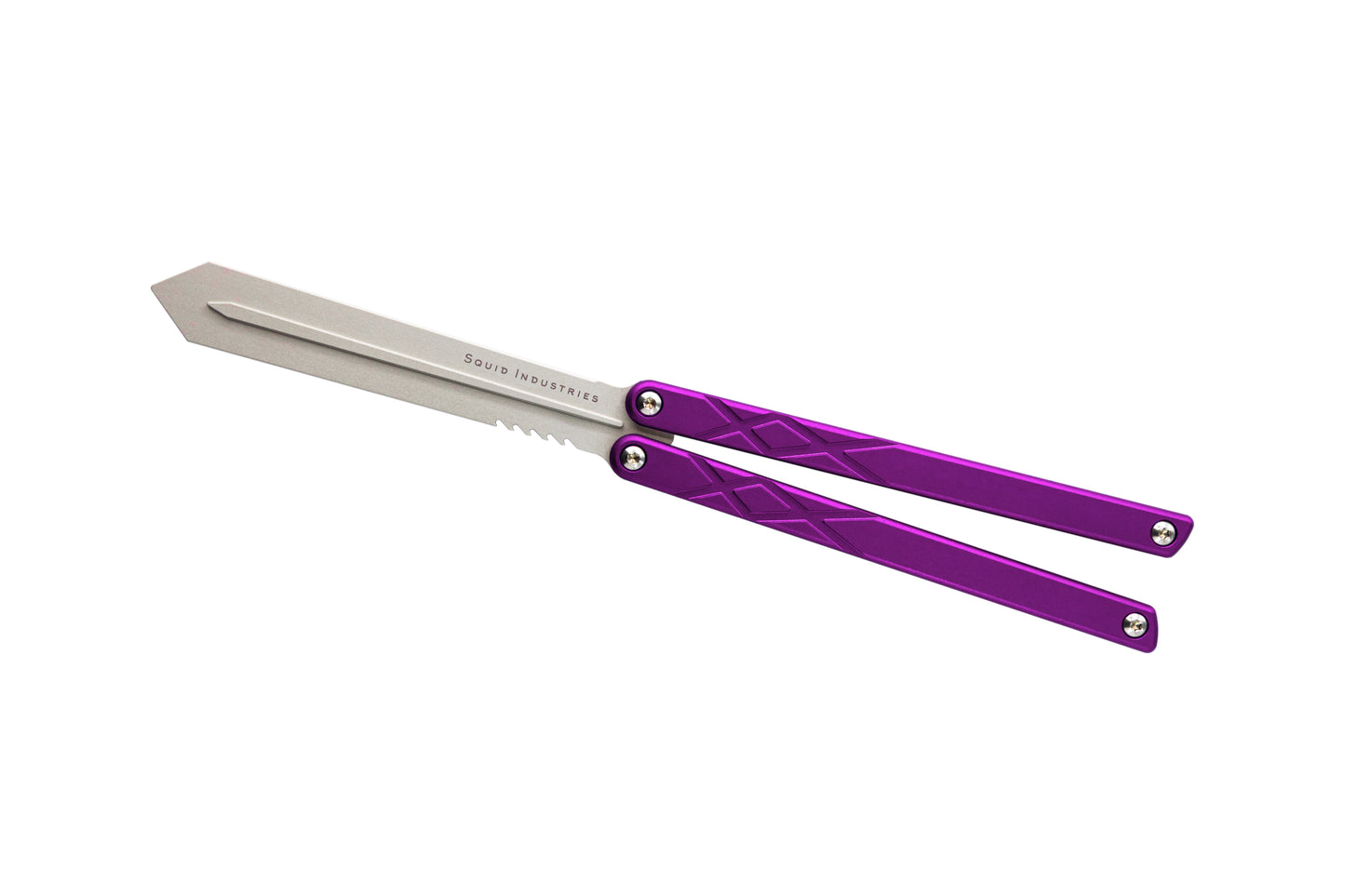 silver blade purple handles silver hardware swordfish balisosng butterfly knife trainer fidget toy